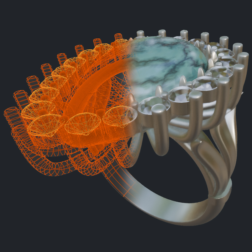 New Pear Shape Opal & Diamond Halo Ring - 3D