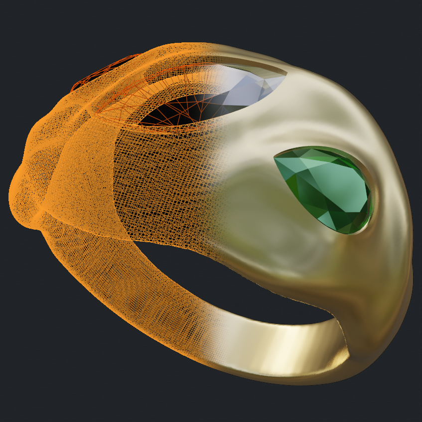 Marquise Diamond & Pear Shape Emeralds Irregularly Rippled Dome Ring - 3D