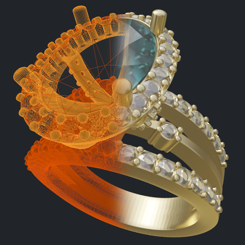 Oval Aquamarine Removable Head Diamond Halo Ring - 3D