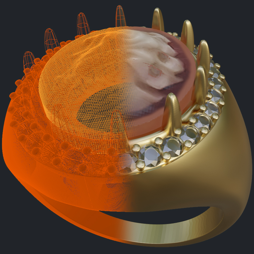Cameo & Diamond Halo Ring - 3D