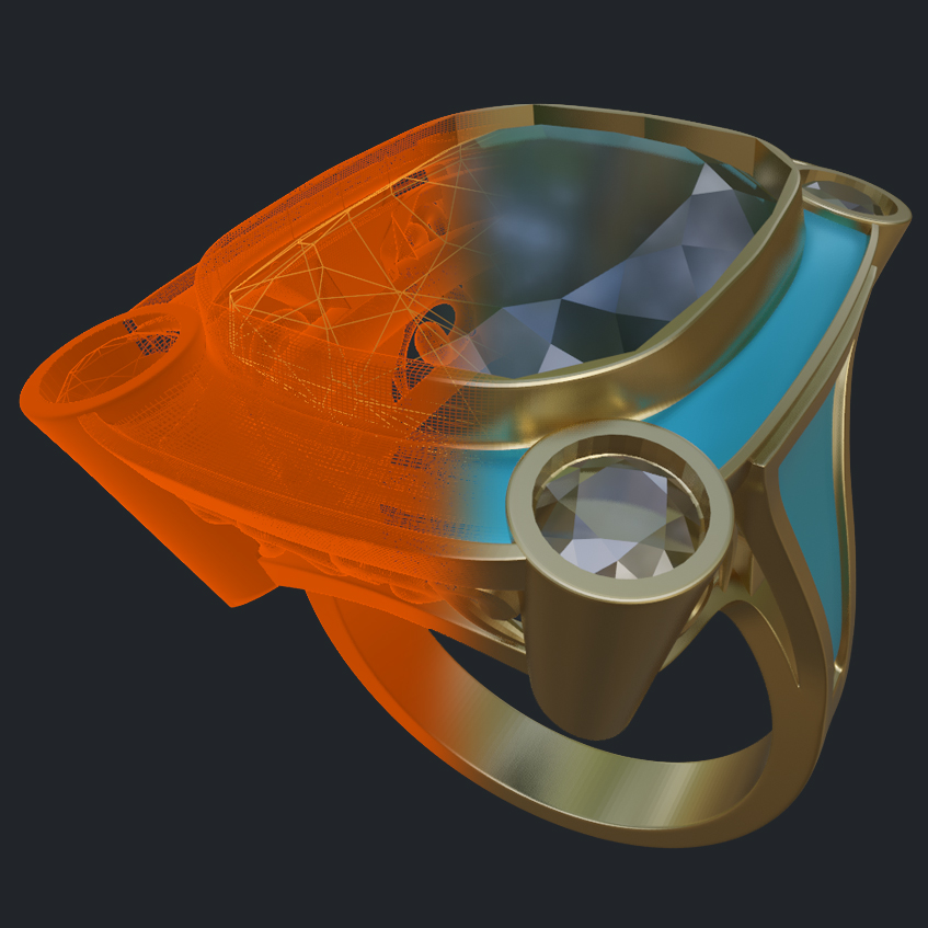 Blue Enamel, Aquamarine & Diamonds Ring - 3D