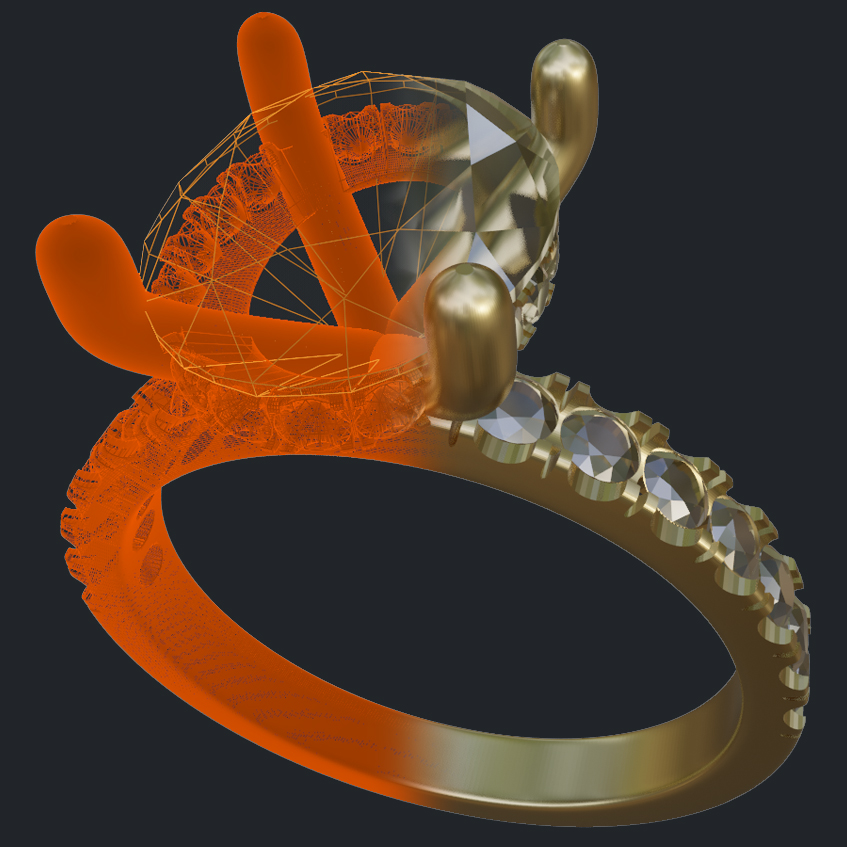 Oval & Round Cut Diamonds Hidden Halo Ring - 3D