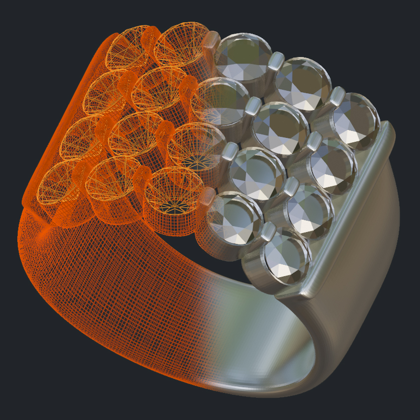 5 Rows By 5 Columns of Diamonds Wide Half Band - 3D