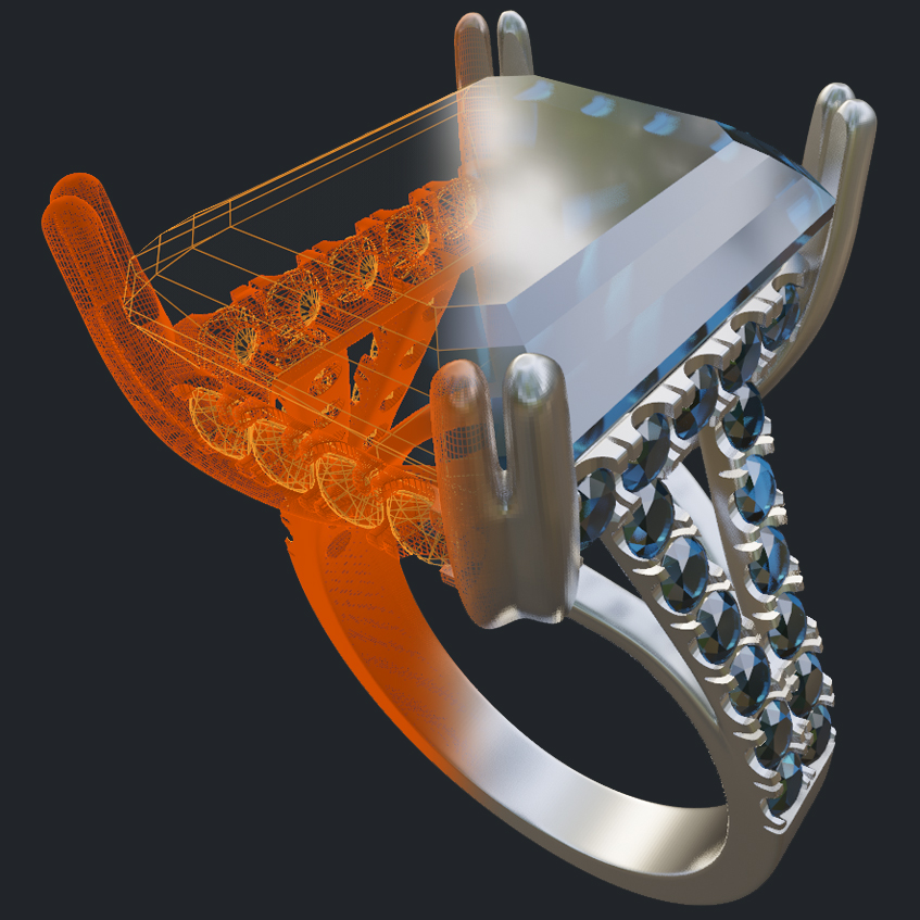 Emerald Cut Aquamarine Ring with Hidden Halo - 3D