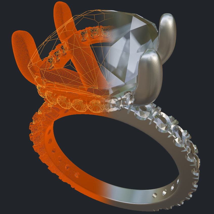 Elongated Cushion Hidden Halo Ring - 3D