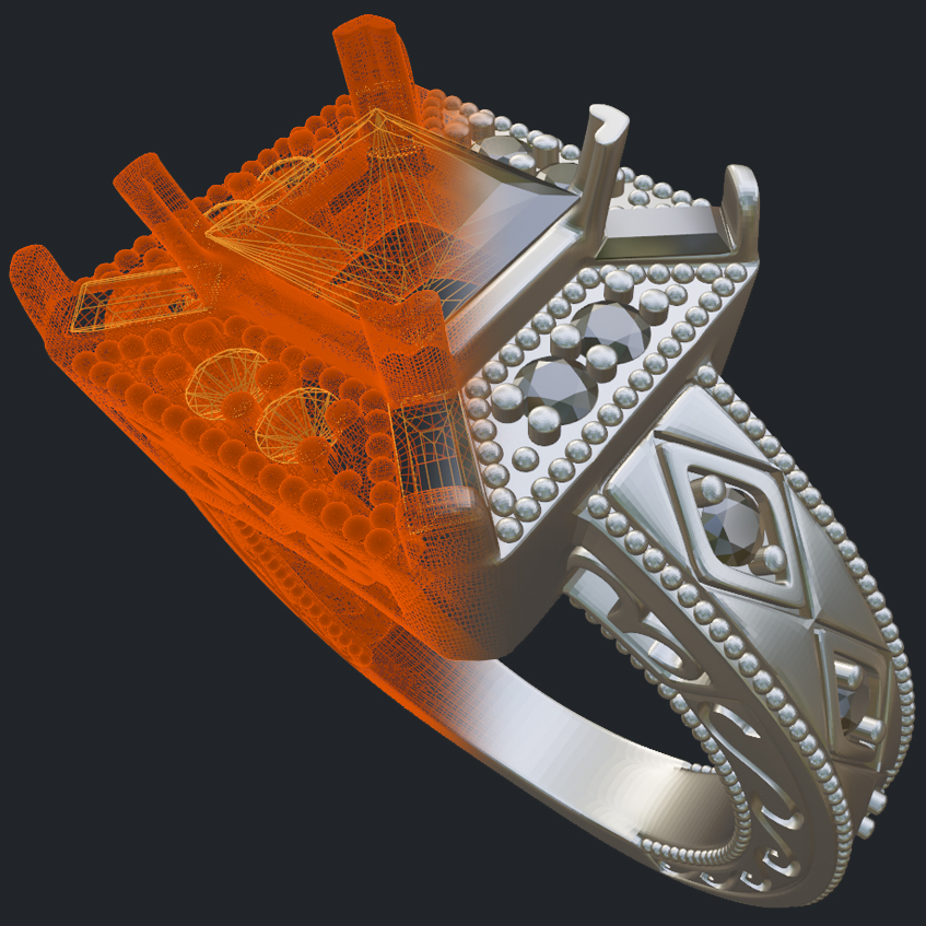 Princess & Round Diamonds Engagement Ring With Milgrain - 3D