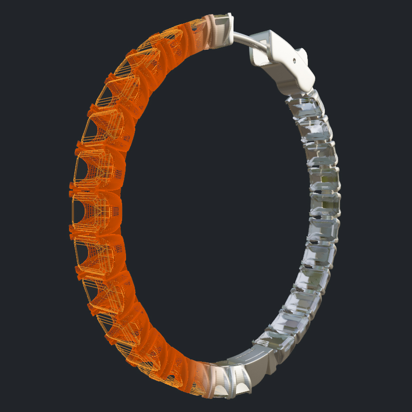 Round Hoop Earrings - Emerald Cut Diamonds Size 4.50 x 3.00 mm - 3D