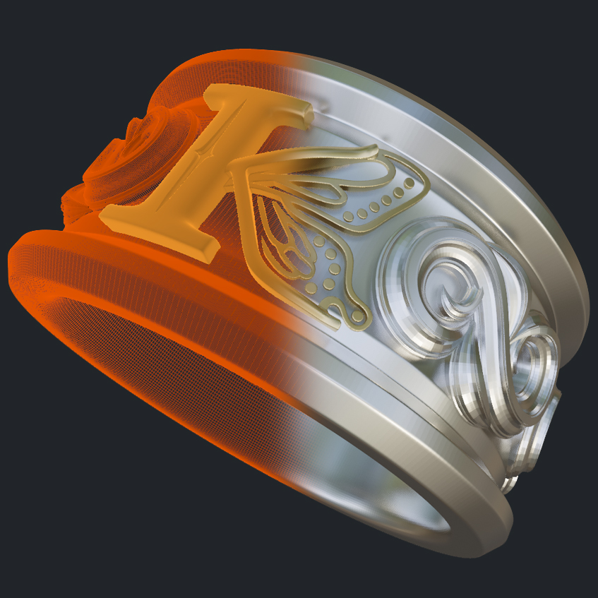 K Letter Monarch Butterfly Ring - 3D