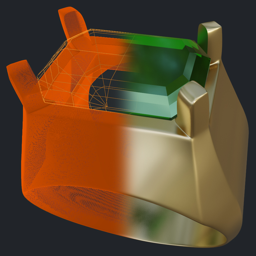 Smooth Transition from Shank to Prongs Emerald Ring - 3D