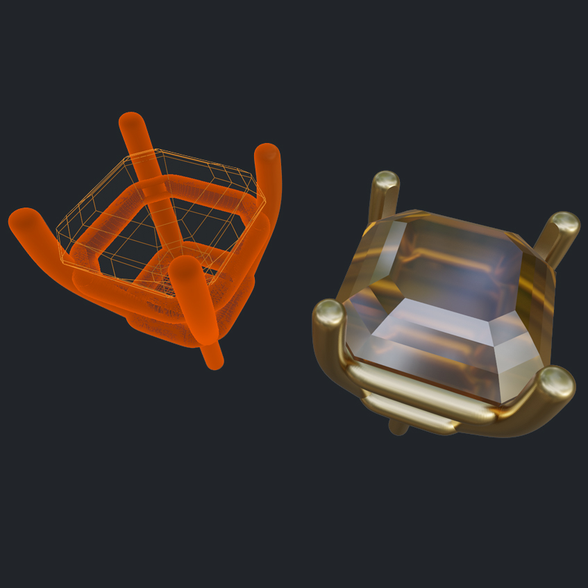 Prong Setting for Asscher Cut Smokey Quartz Earrings - 3D