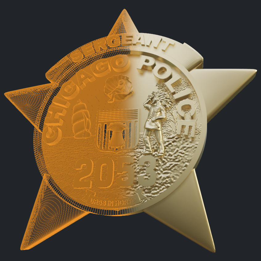 Sergeant Badge Pendant 14k Yellow Gold - 3D