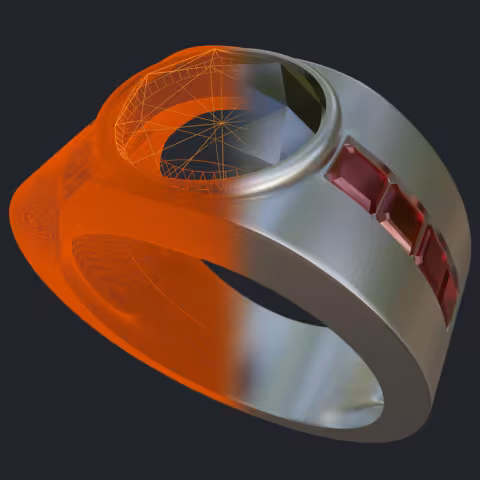 Rose Cut Black Diamond &amp; Rubies Ring - 3D