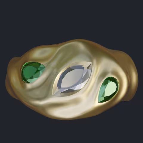 Marquise Diamond &amp; Pear Shape Emeralds Irregularly Rippled Dome Ring - Top