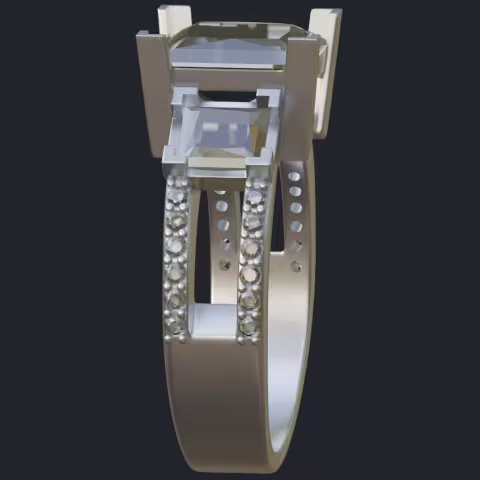 Three Princess Cuts &amp; Round Diamond Ring - Side