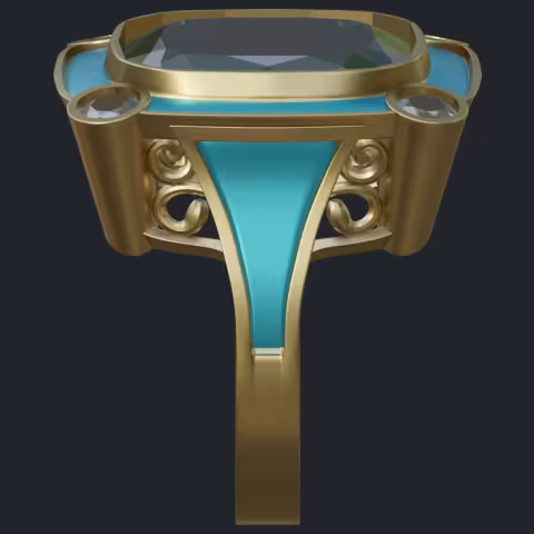 Blue Enamel, Aquamarine &amp; Diamonds Ring - Side