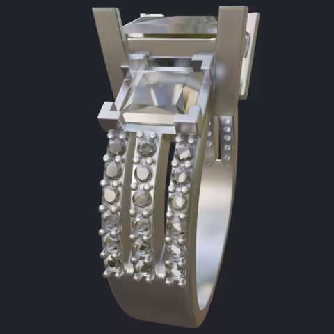 Three Princess Cut &amp; Round Diamonds Engagement Ring - Side