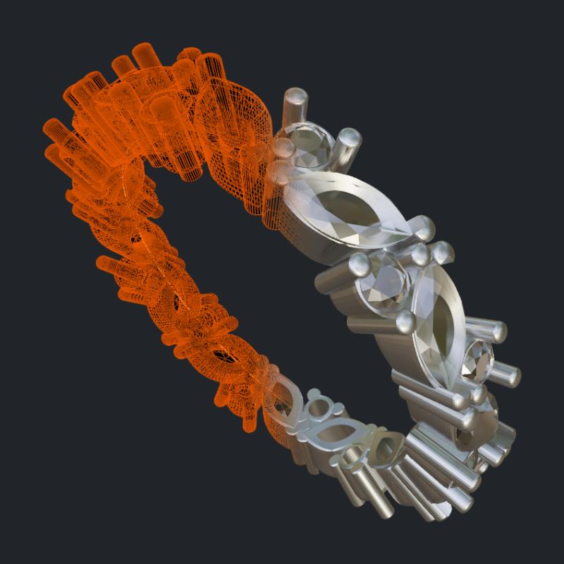 Marquise &amp; Round Diamonds Eternity Band - 3D