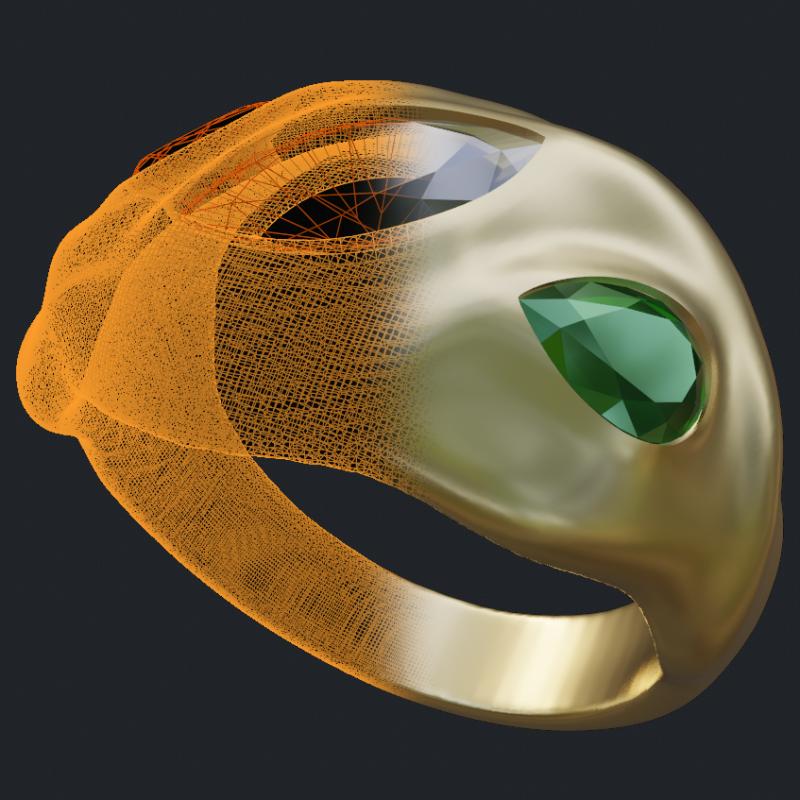 Marquise Diamond &amp; Pear Shape Emeralds Irregularly Rippled Dome Ring - 3D