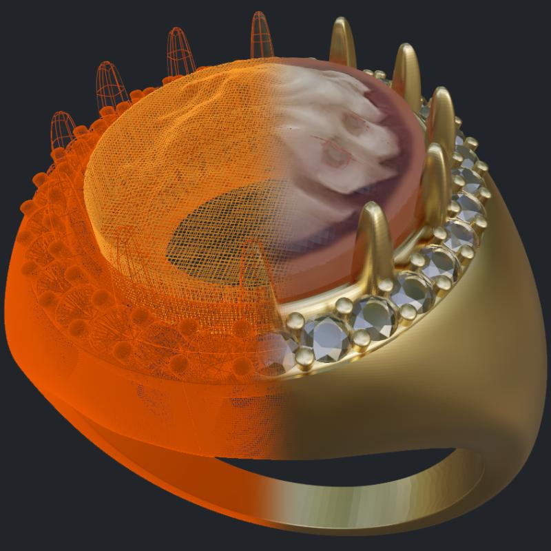 Cameo &amp; Diamond Halo Ring - 3D