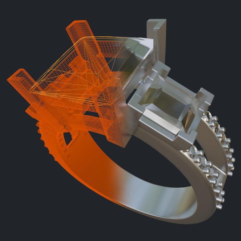 Three Princess Cut &amp; Round Diamonds Split Shank Ring - 3D