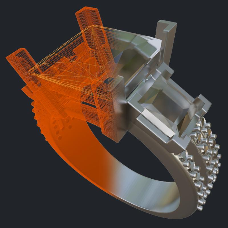 Three Princess Cut &amp; Round Diamonds Engagement Ring - 3D