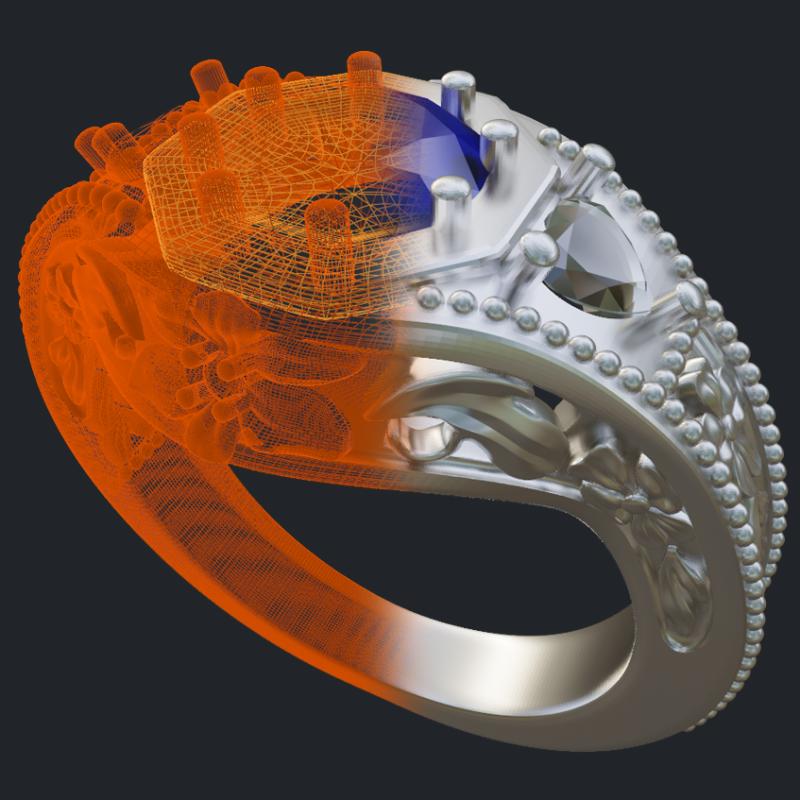 Flower Themed Sapphire &amp; Diamonds Ring With Milgrain - 3D