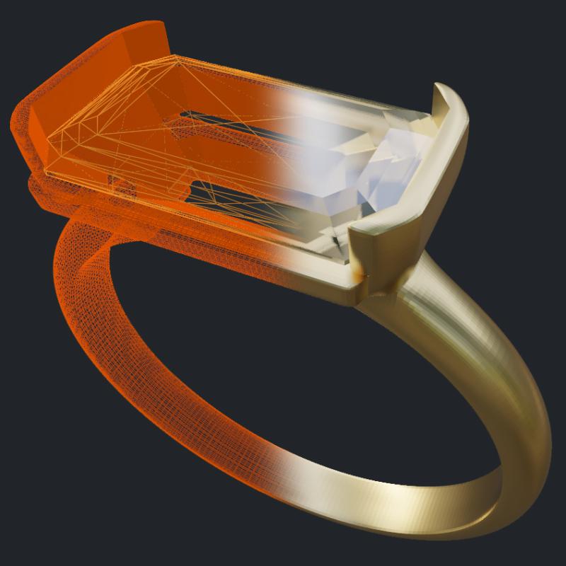 East-West Emerald Cut Diamond Mounting - 3D