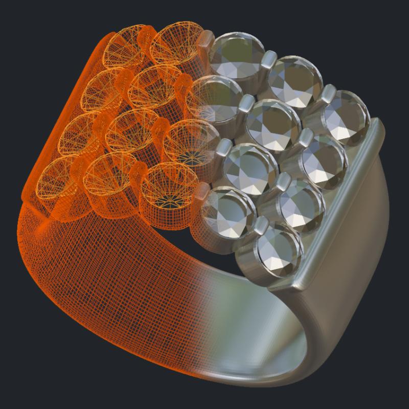 5 Rows By 5 Columns of Diamonds Wide Half Band - 3D