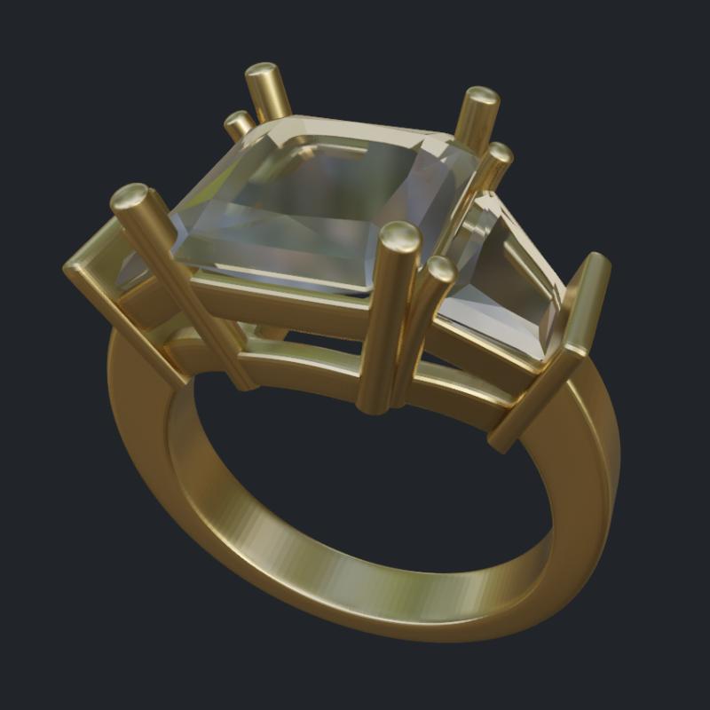 Three-Stone Radiant &amp; Trapezoid Cut Diamond Ring - Main