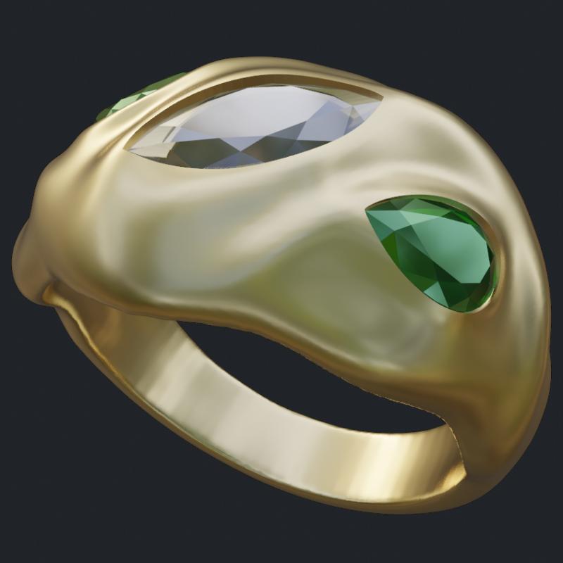 Marquise Diamond &amp; Pear Shape Emeralds Irregularly Rippled Dome Ring - Main