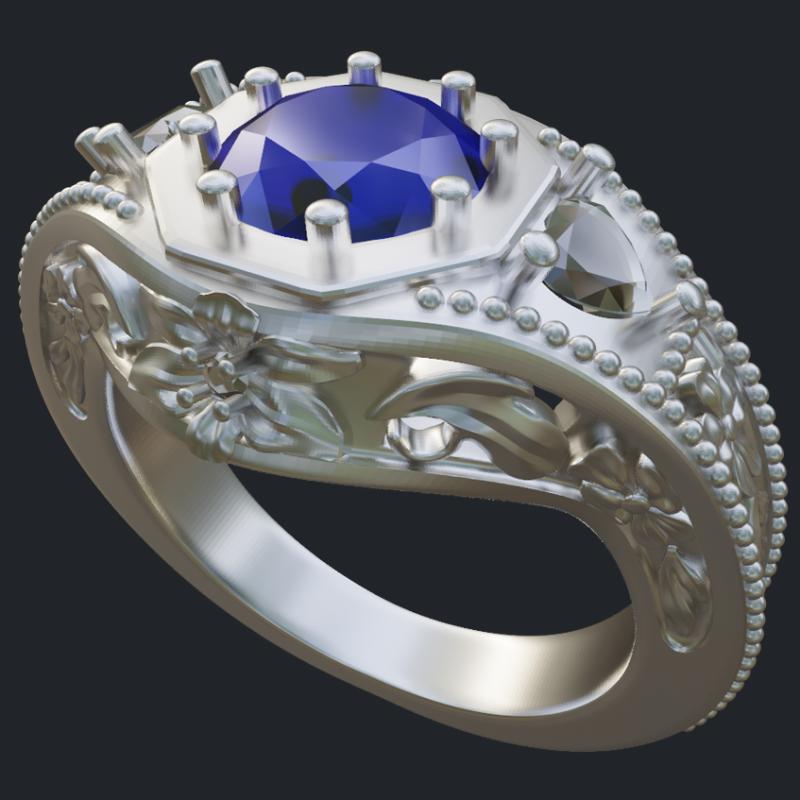 Flower Themed Sapphire &amp; Diamonds Ring With Milgrain - Main