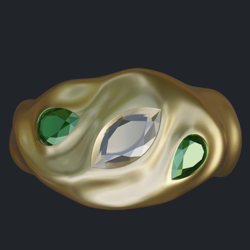 Marquise Diamond &amp; Pear Shape Emeralds Irregularly Rippled Dome Ring - Top