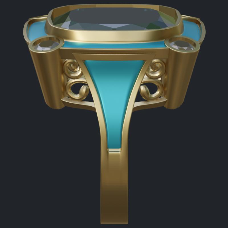 Blue Enamel, Aquamarine &amp; Diamonds Ring - Side