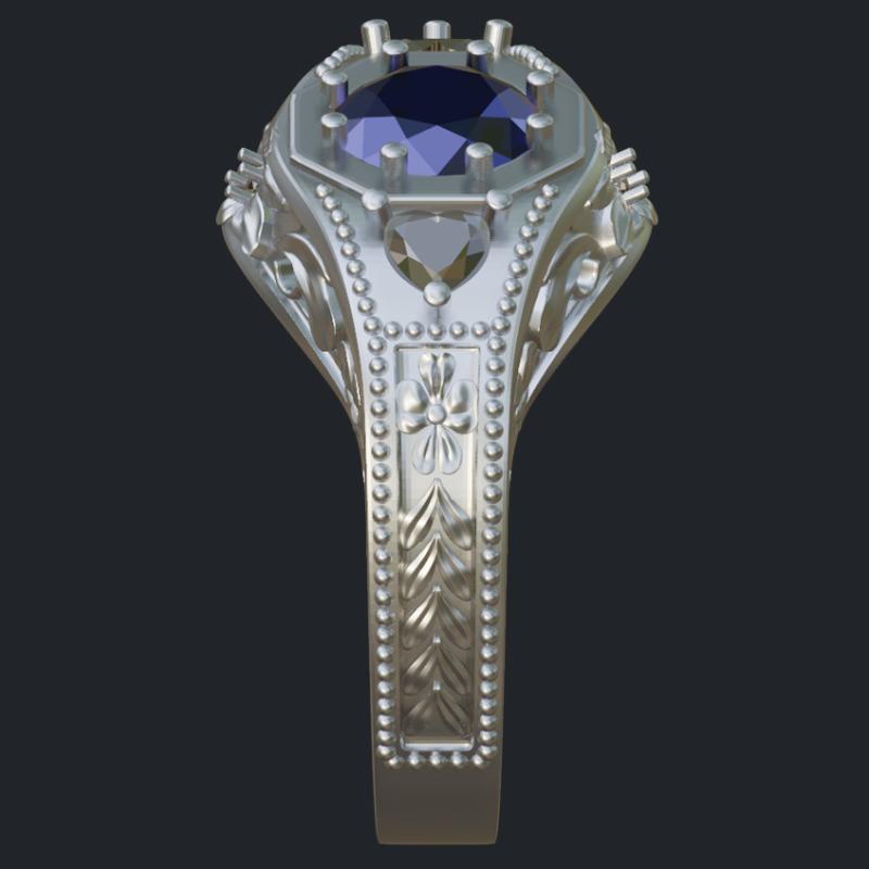 Flower Themed Sapphire &amp; Diamonds Ring With Milgrain - Side