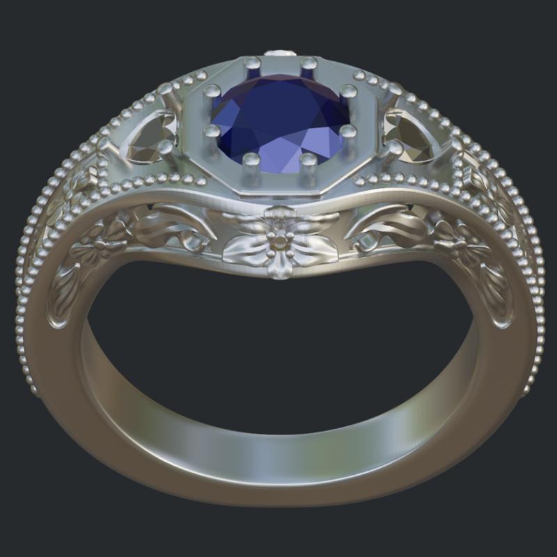Flower Themed Sapphire &amp; Diamonds Ring With Milgrain - Front