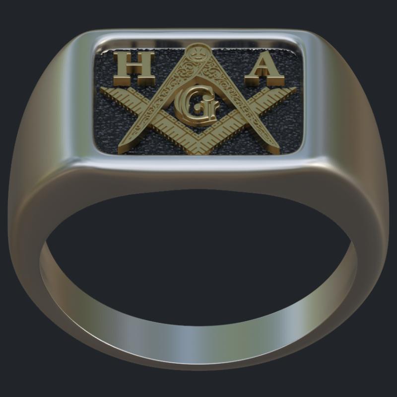 Two Tone Gold Masonic Ring With Black Rhodium - Front