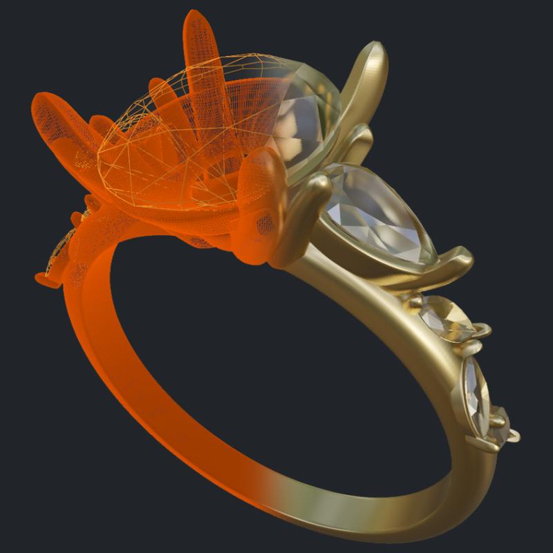 Oval Engagement Ring with Side Pears - 3D