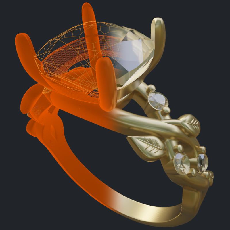 Entwined Vines Cushion Diamond Engagement Ring - 3D