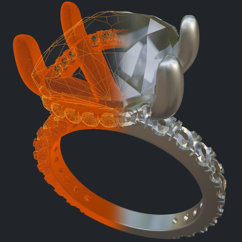 Elongated Cushion Hidden Halo Ring - 3D