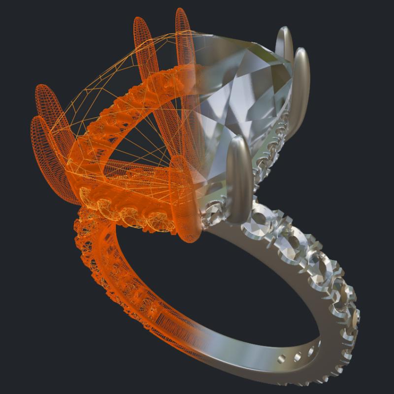 Elongated Cushion Hidden Halo Double Prongs Ring - 3D