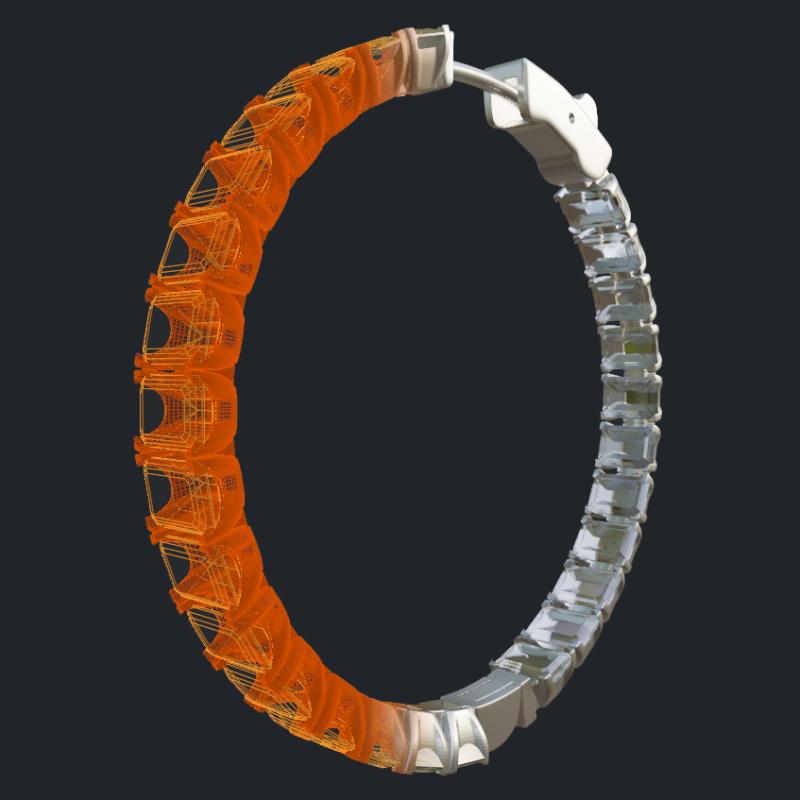 Round Hoop Earrings - Emerald Cut Diamonds Size 4.50 x 3.00 mm - 3D