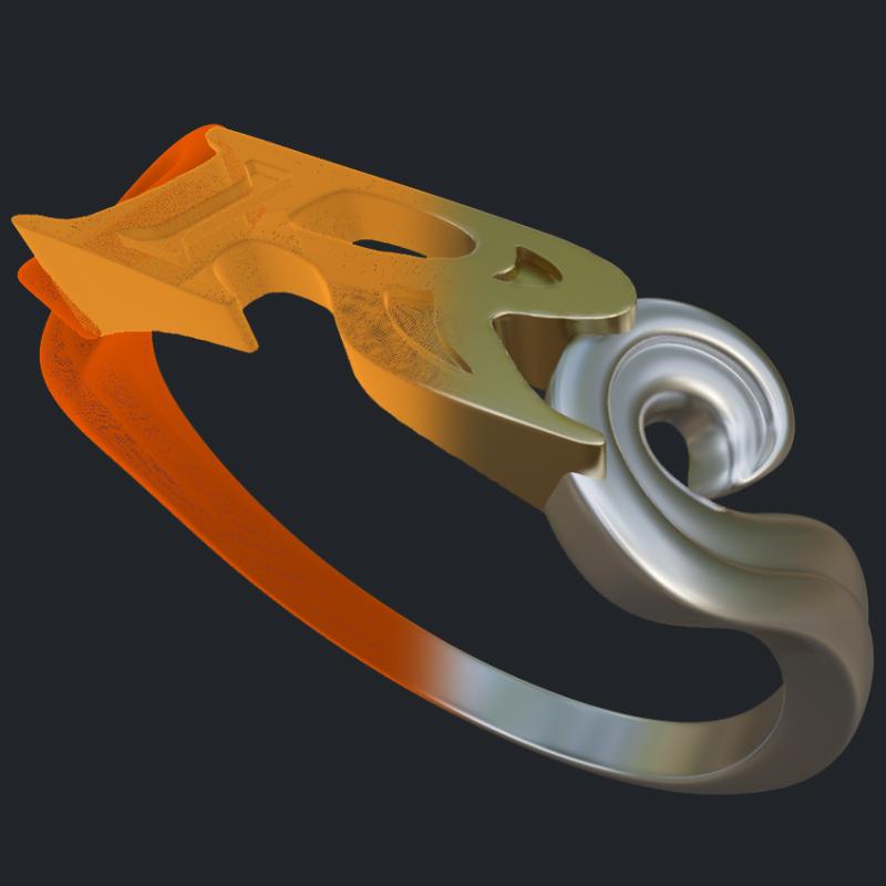 Ornate R Silver Ring - 3D