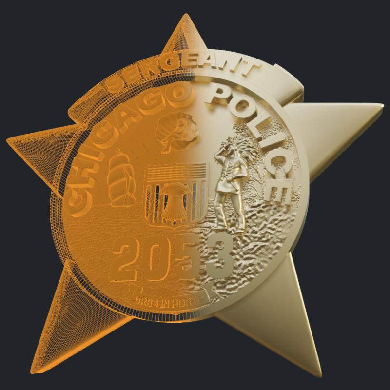 Sergeant Badge Pendant 14k Yellow Gold - 3D