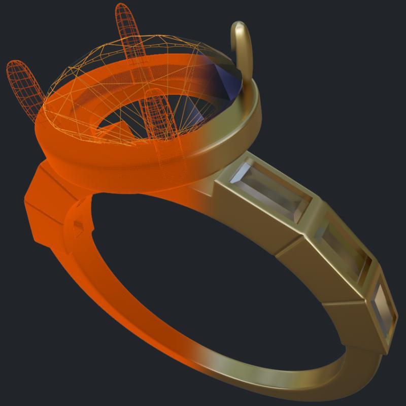 Round Sapphire Ring With Baguette Accents Ring - 3D