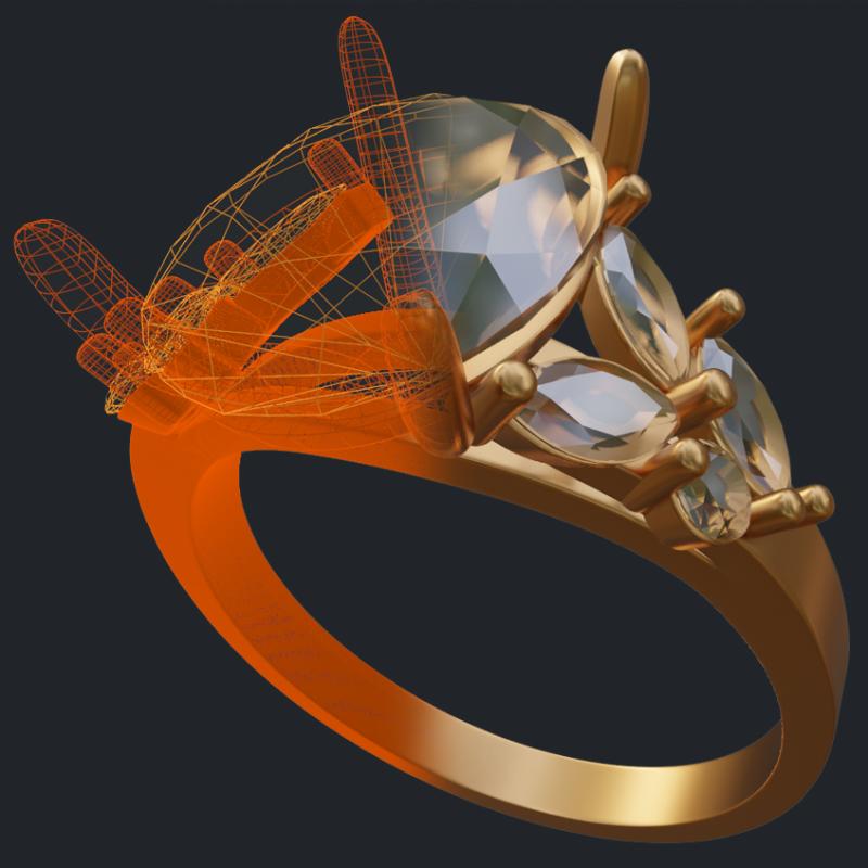 Oval Cut Asymmetric Ring With Marquise &amp; Round Accents - 3D