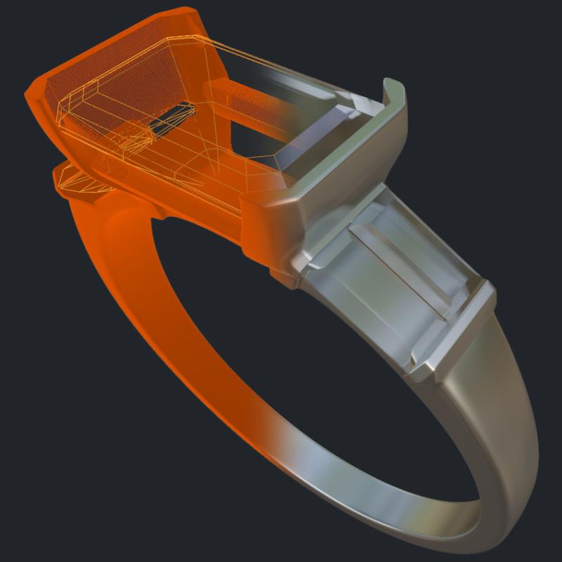 East-West Emerald Cut Diamond Ring with Baguette Accents No Gallery - 3D