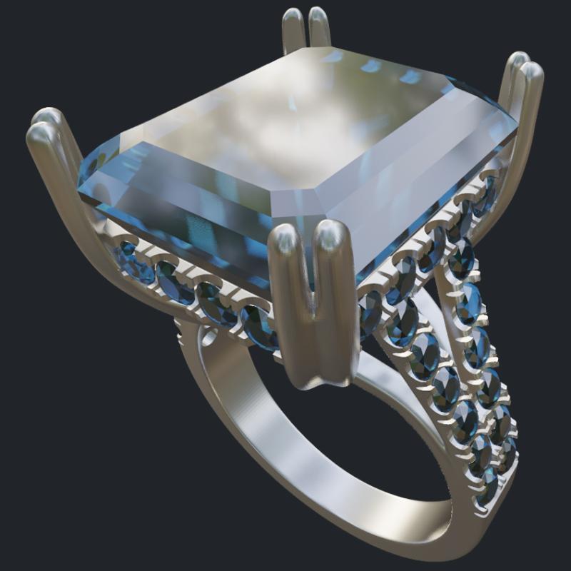 Emerald Cut Aquamarine Ring with Hidden Halo - Main