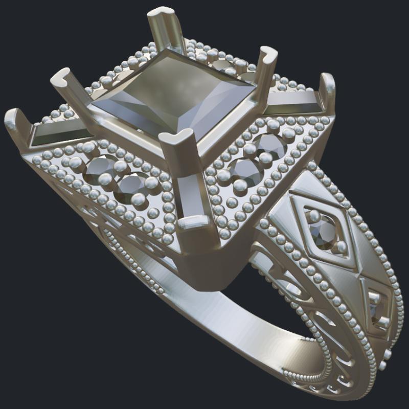 Princess &amp; Round Diamonds Engagement Ring With Milgrain - Main