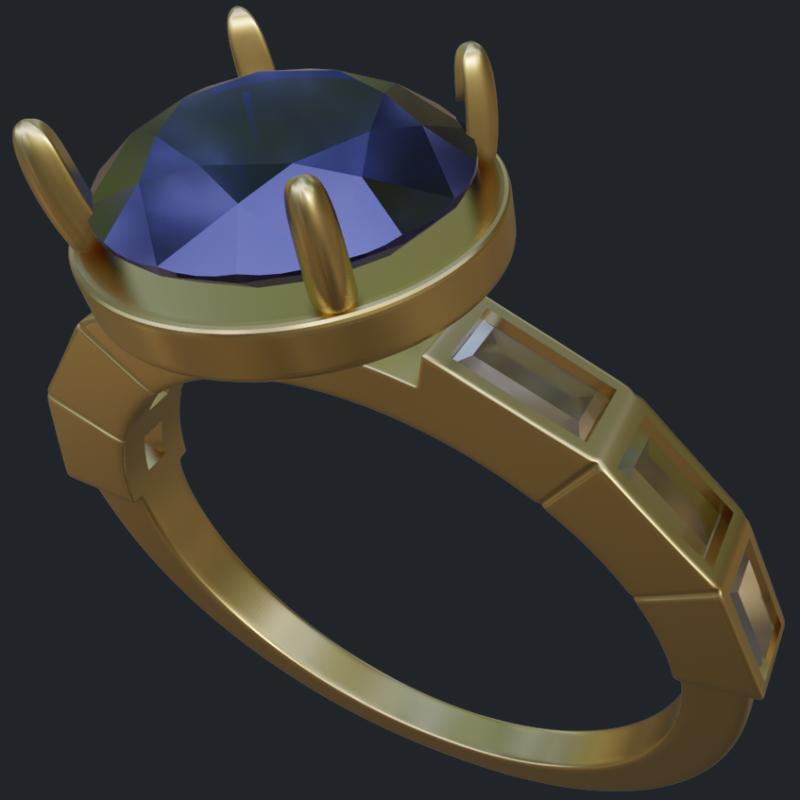 Round Sapphire Ring With Baguette Accents Ring - Main