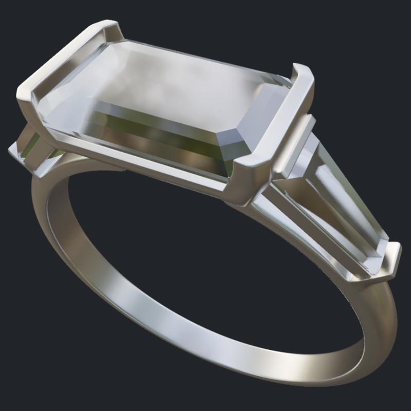 East-West Emerald Cut Diamond Ring with Baguette Accents - Main